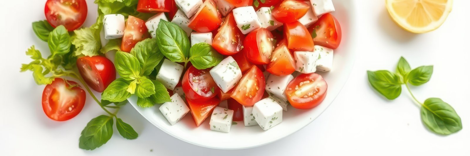 Fresh tomato and cheese salad with herbs and lemon on a white background